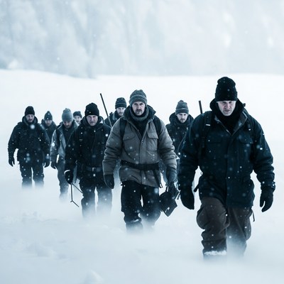 Group of men hiking in snowy blizzard