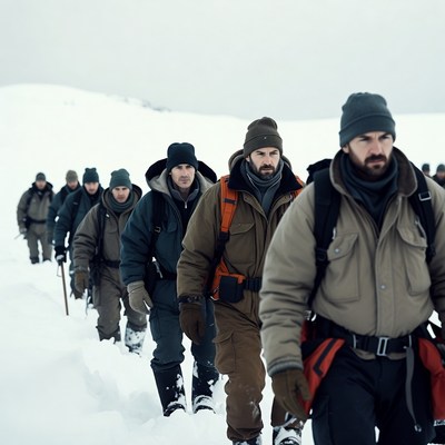 Men hiking in snowy mountains