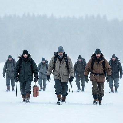 Men hiking in snowy forest
