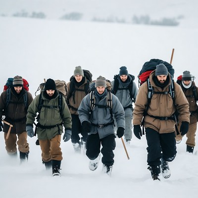 Group of men hiking snowy landscape
