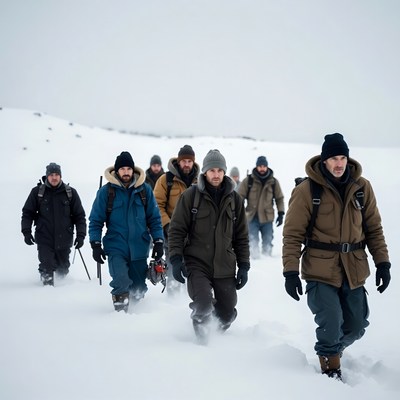 Men hiking in snowy landscape