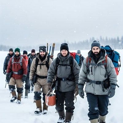 Men hiking snowy trail with backpacks