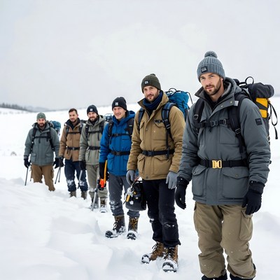 Group of Men Hiking Snowy Trail