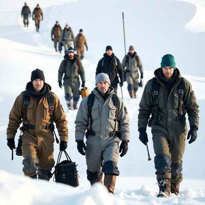 Men hiking snowy mountain trail