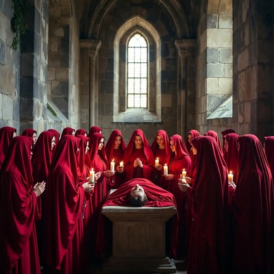 Women in Red Robes Mourning Man on Altar
