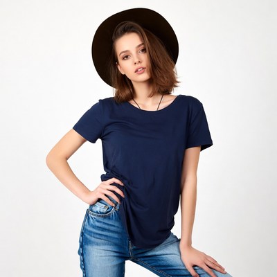 Woman in navy t-shirt and wide-brim hat