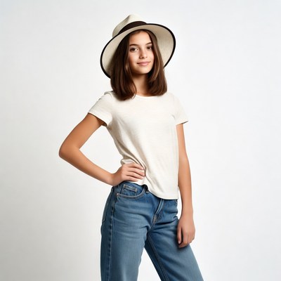 Girl wearing straw hat and jeans