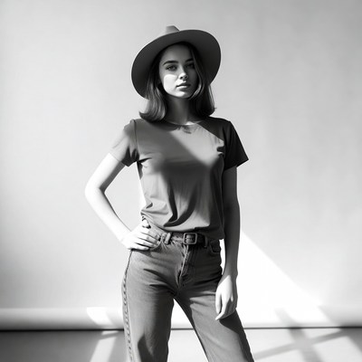 Woman in wide-brim hat posing
