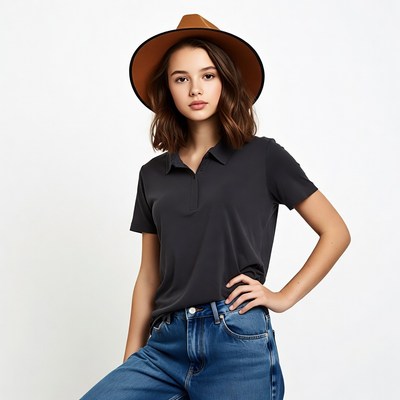 Young woman in brown hat and polo shirt