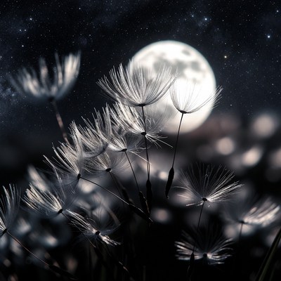 Dandelion seeds with full moon