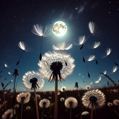 Dandelion Seeds Flying Under Moonlit Sky