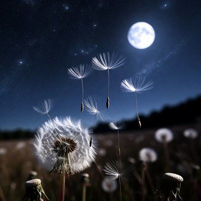 Dandelion seeds floating under full moon