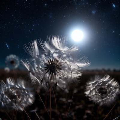 Dandelions under starry night sky