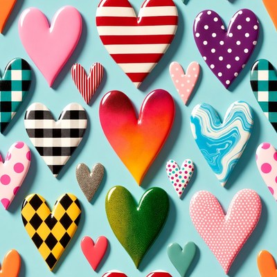 Colorful Patterned Hearts on Blue Background