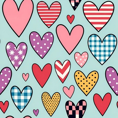 Colorful Patterned Hearts on Blue Background