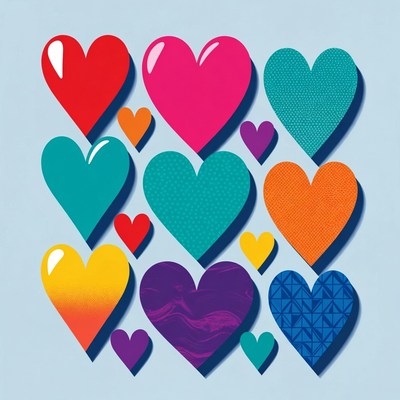 Colorful 3D Hearts on Blue Background