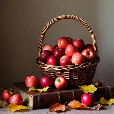 Red Apples in Wicker Basket on Book