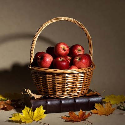 Basket of Red Apples on Autumn Leaves