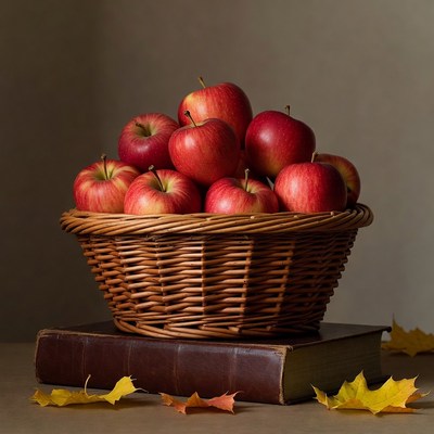 Red Apples in Wicker Basket on Book