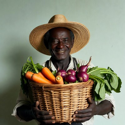 African farmer holding fresh vegetables
