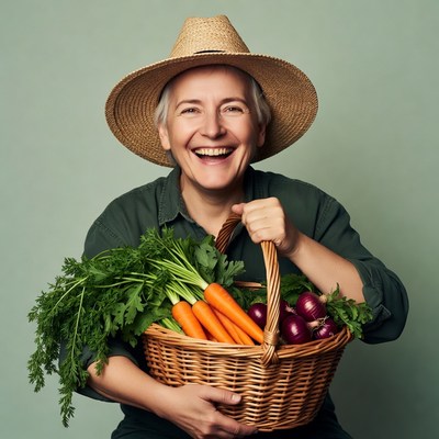 Smiling woman holding vegetable basket