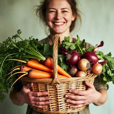 Smiling woman holding fresh vegetable basket