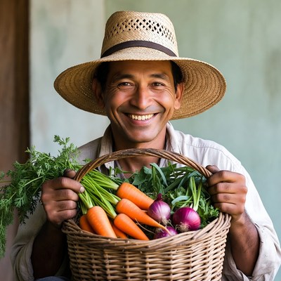 Smiling Latino farmer holding fresh vegetables