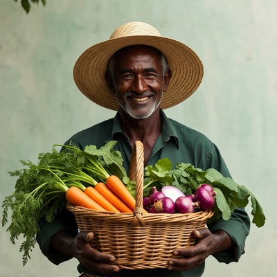 African-American man holding vegetable basket
