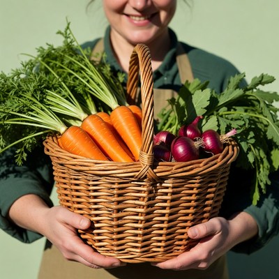 Woman holding basket of fresh vegetables