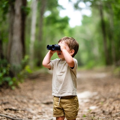 Boy using binoculars in forest