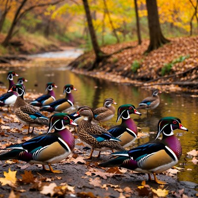 Wood Ducks by Autumn Stream