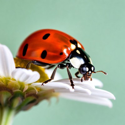 Ladybug on white daisy flower