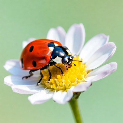 Ladybug on white daisy flower