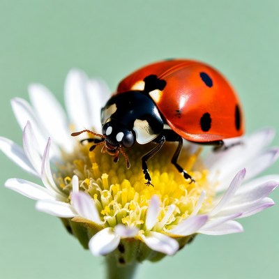Ladybug on white daisy flower