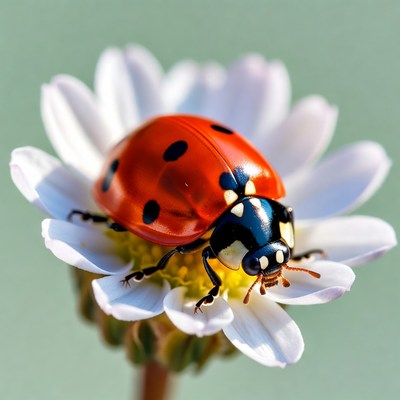Ladybug on white daisy flower