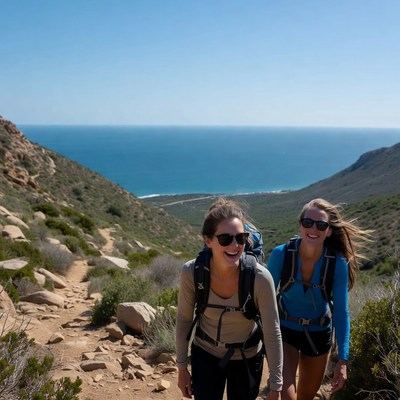 Two women hiking trail ocean view