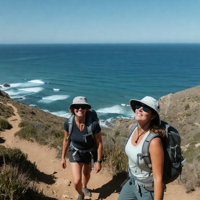 Two women hiking coastal trail