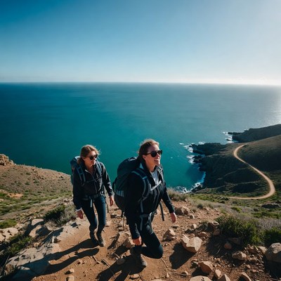 Two women hiking coastal cliff trail