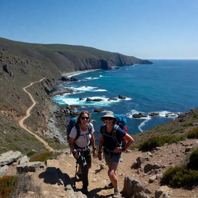 Two women hiking coastal trail