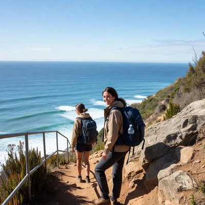 Two women hiking coastal cliff trail