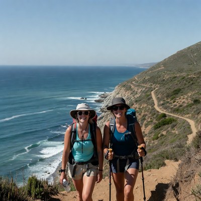 Two women hiking coastal trail