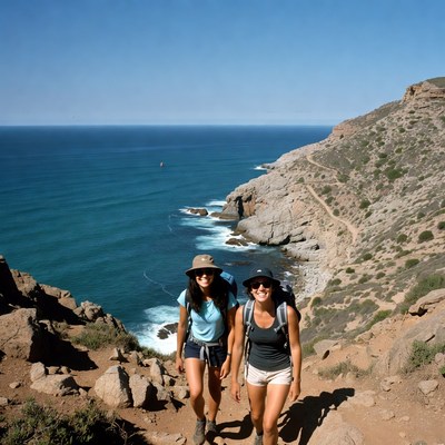 Two women hiking coastal cliff trail