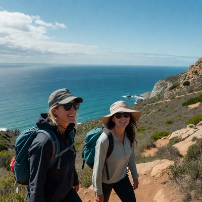 Two women hiking coastal trail