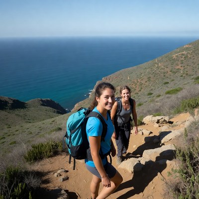 Two women hiking coastal trail
