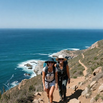 Two women hiking coastal trail