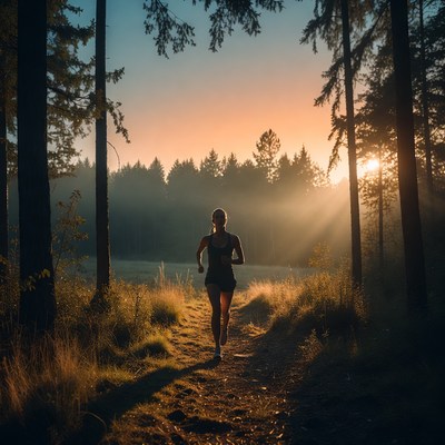 Woman running on forest trail at sunset