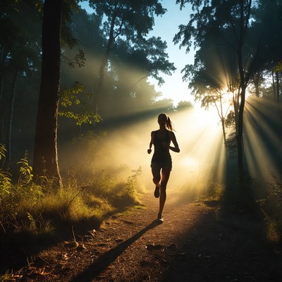 Woman running on forest trail at sunrise