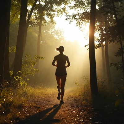 Woman running on forest trail at sunrise