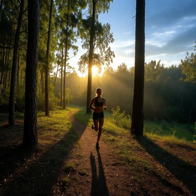 Woman running on forest trail at sunset