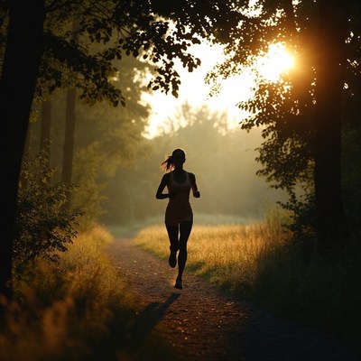 Woman running on forest trail at sunset